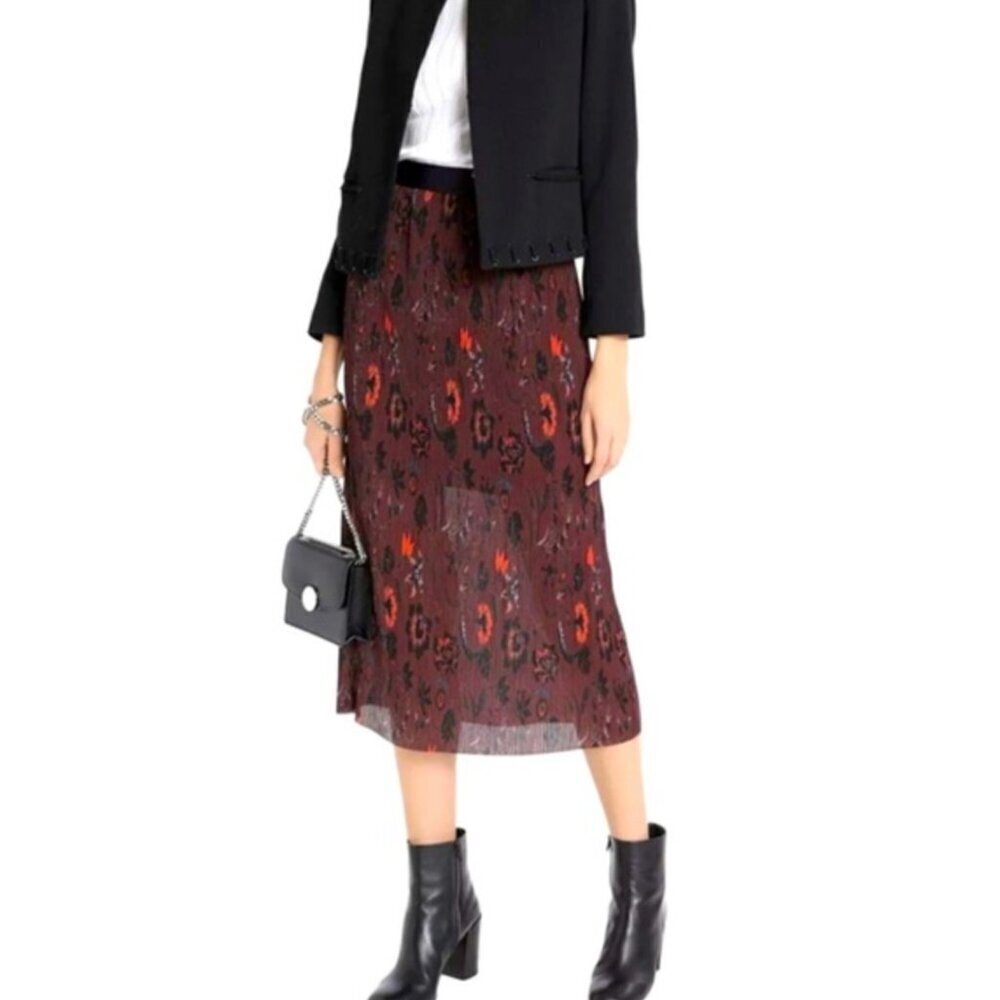 Sandro Pleated Midi Skirt Floral Burgundy Size 1